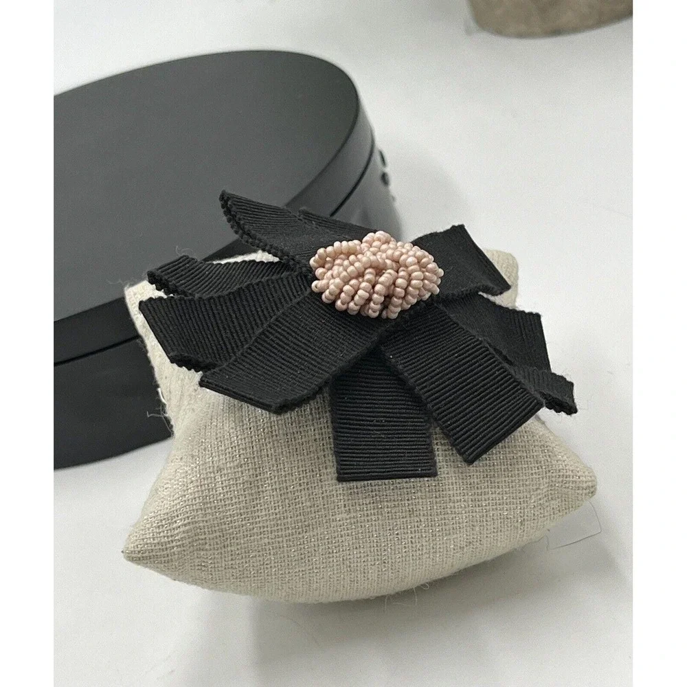 Chanel Authenticated COA Round Black‎ Ribbon Pink Seed Bead Accent Rare Brooch